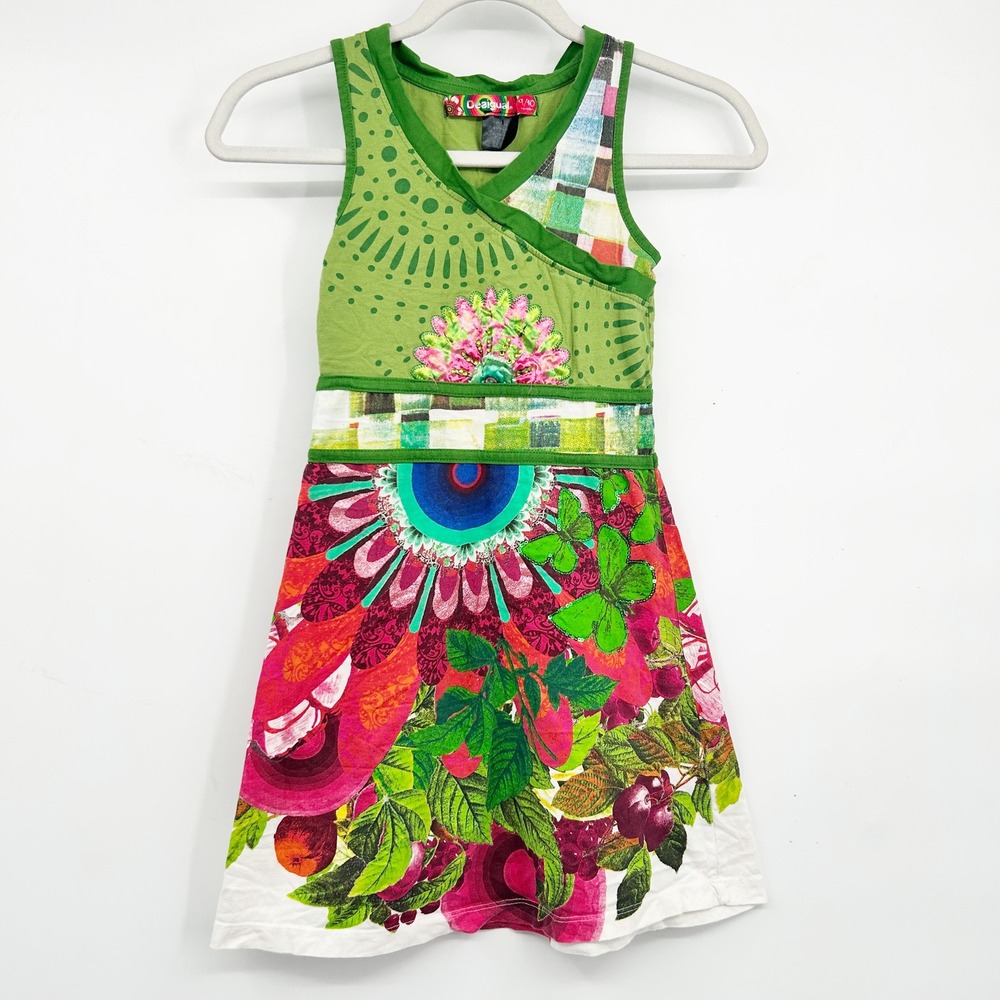 Desigual Girls Green Floral Fruit Sequin Boho Art to Wear Tank Dress Size 9/10